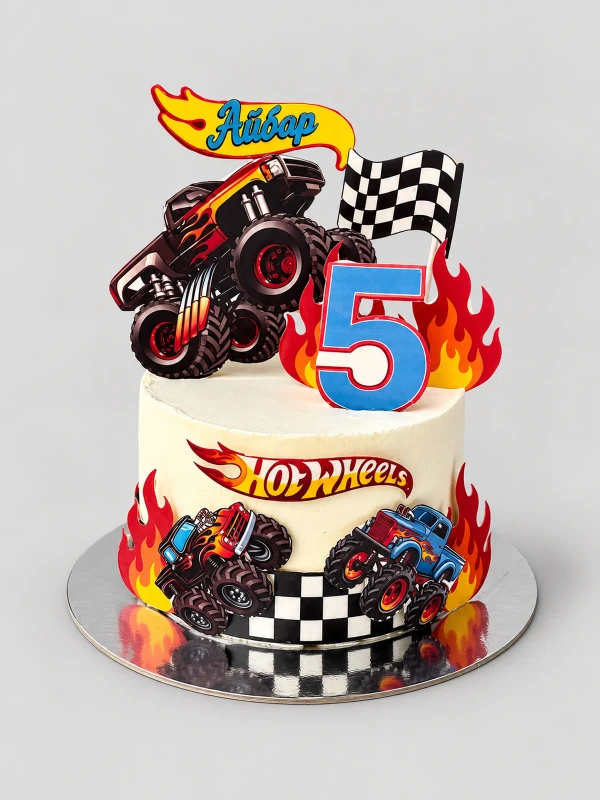 Торт "Hot wheels" — Торт «Hot wheels» — двухъярусный детский торт Hot Wheels с гоночными машинами, огнём и цифрой пять.